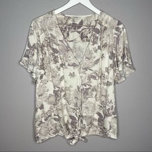 Lucky Brand Floral Front Tie Button Down Blouse